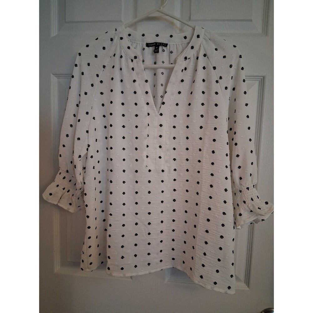 Como Black Blouse Womens Medium White Floral Boho Peasant Top 3/4 Sleeve Ruffled